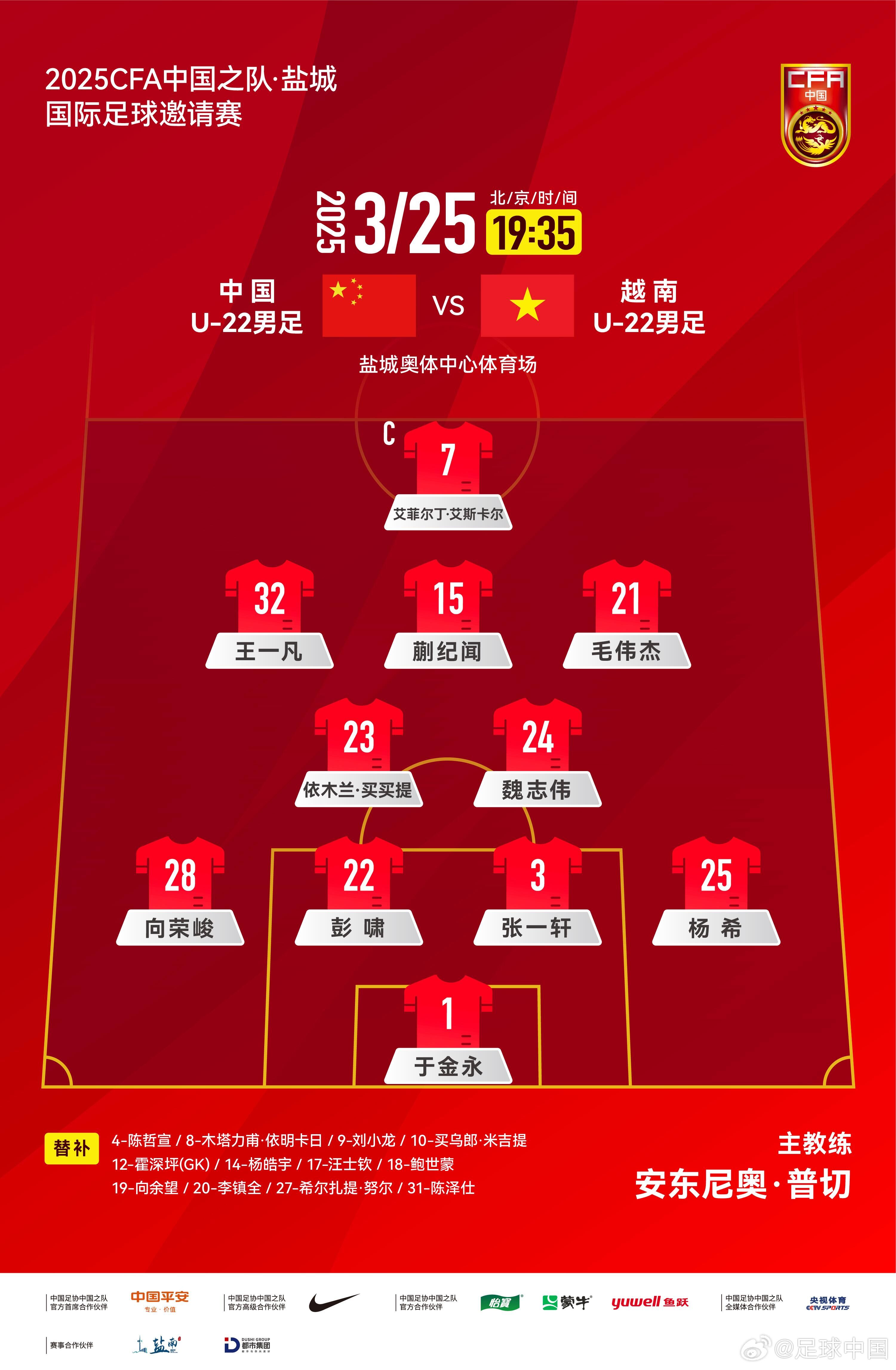 鹽城國(guó)際足球邀請(qǐng)賽中國(guó)U-22男足vs越南U-22男足，中國(guó)隊(duì)首發(fā)陣容