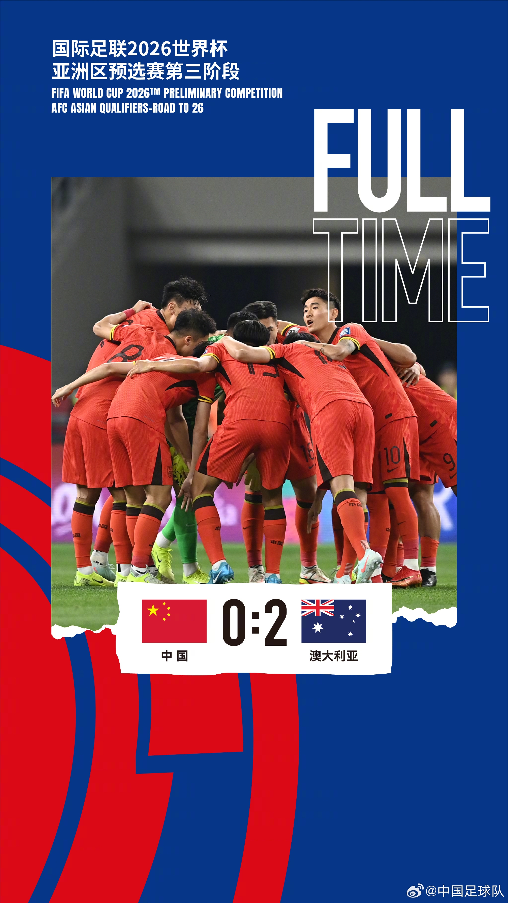 美加墨世界杯亞洲區(qū)預(yù)選賽第三階段第八輪，中國隊(duì)0-2澳大利亞隊(duì)