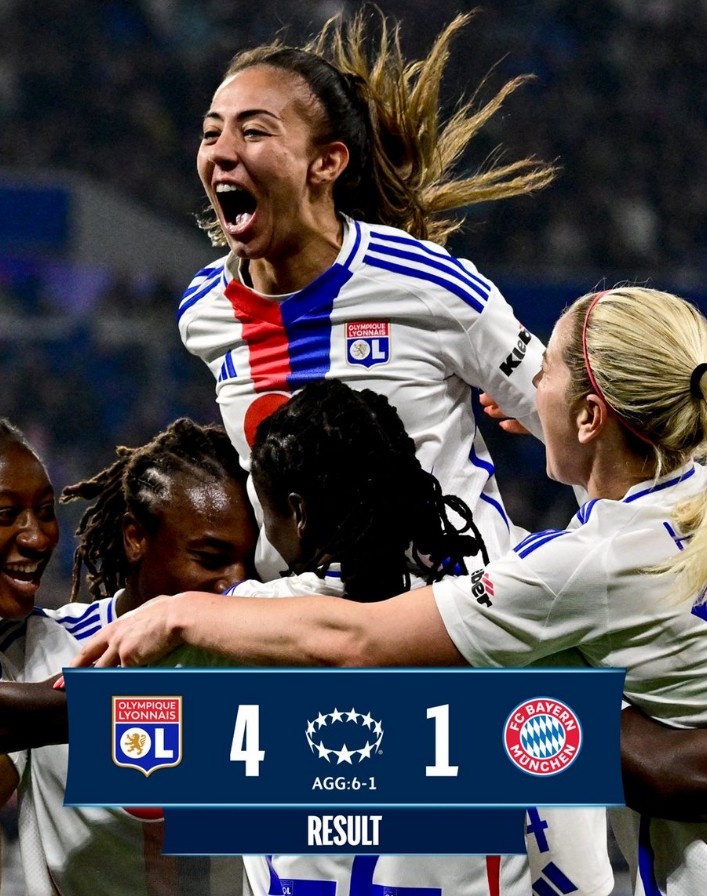 里昂女足4-1大勝拜仁女足，總比分6-1晉級女足歐冠半決賽